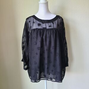 Rose + Olive‎ Sheer Lined Black Blouse Top XL Hearts Novelty Lined